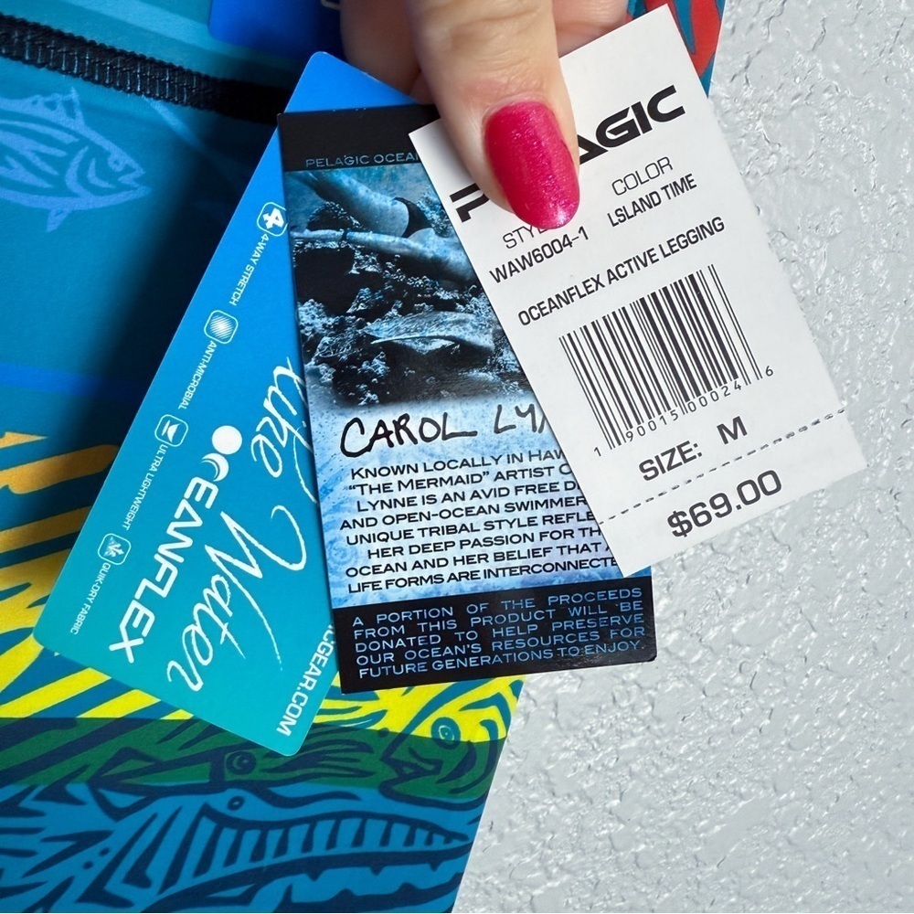 Pelagic NWT Oceanflex Active Leggings M Teal Blue Fish Stripes Island Hawaiian - Picture 8 of 11